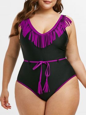 Plus Size Fringed Belted One-piece Swimsuit