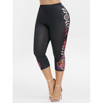 

Plus Size High Rise Floral Print Cropped Leggings, Black