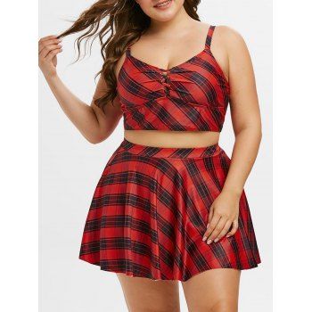 

Plus Size Plaid Crisscross Three Piece Swimwear, Red