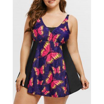 

Plus Size Butterfly Print Empire Waist Tankini Swimwear, Black