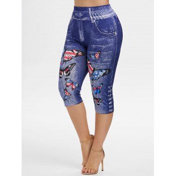 Plus Size Butterfly American Flag Print Cropped Jeggings, Blue