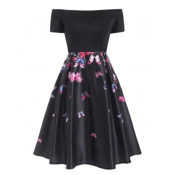 

Butterfly Print Off Shoulder High Waisted Dress, Black