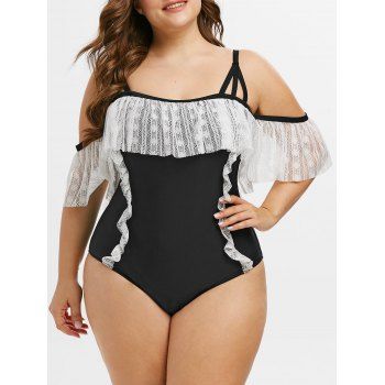 

Lace Panel Flounces Open Shoulder Plus Size Swimsuit, Black