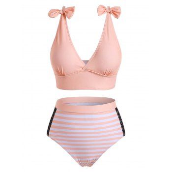 

Bowknot Striped Lace Panel Plus Size Bikini Set, Pink