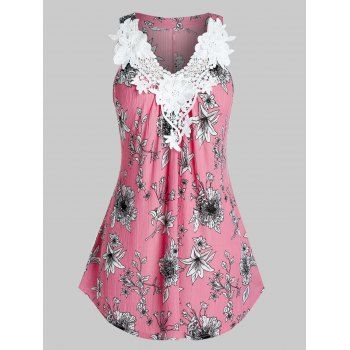 

Plus Size Flower Print Applique Panel Textured Tank Top, Pink