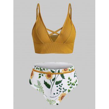 Ribbed Sunflower High Waisted Bikini Swimwear
