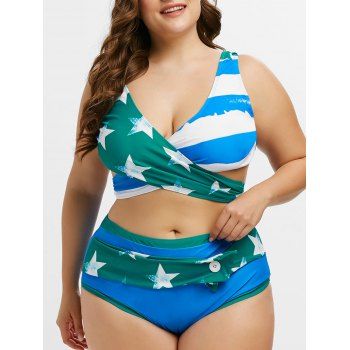 

Plus Size Patriotic American Flag Print Wrap Tankini Swimwear, Dodger blue