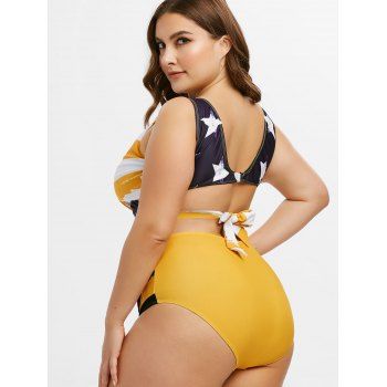 

Plus Size Patriotic American Flag Print Wrap Tankini Swimwear, Bright yellow