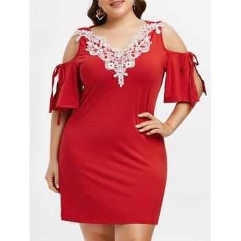 

Plus Size Open Shoulder Contrast Lace Mini Dress, Red