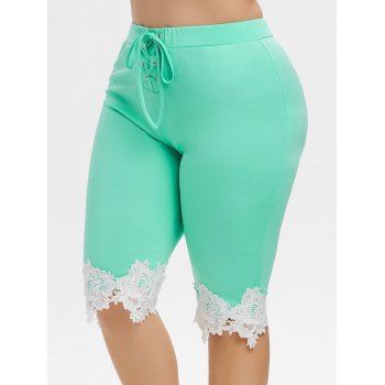 

Plus Size Lace Panel Knee Length Shorts, Aquamarine