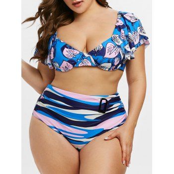 

Plus Size Leaves Print Flounced Bikini Swimwear, Blue