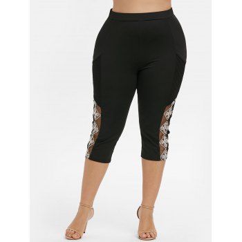 

Plus Size Lace Mesh Panel Pocket Cropped Leggings, Black