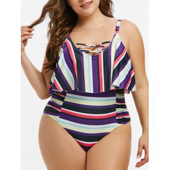 

Plus Size Crisscross Ruffled Stripe One-piece Swimsuit, Multicolor