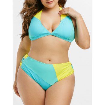 

Halter Colorblock Bowknot Plus Size Bikini Swimwear, Macaw blue green