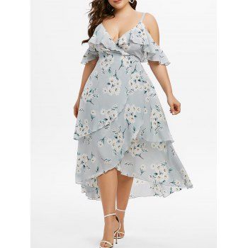 

Plus Size Ruffled Open Shoulder Floral Maxi Dress, Baby blue