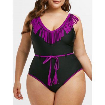 

Plus Size Fringed Belted One-piece Swimsuit, Purple