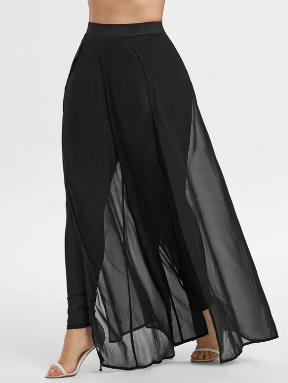 Pantalon Superposé en Mousseline à Jambe Large Grande Taille - Noir 3X