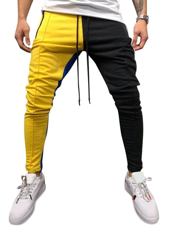 Color Block Pockets Drawstring Slim Fit Track Pants - YELLOW L