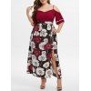 Robe à Épaule Dénudée Fendue Fleurie Imprimée Grande-Taille - Rouge Vineux 4X