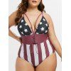 Plus Size Lace Up American Flag Print One-piece Swimsuit - MAROON 2X