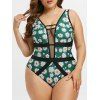 Maillot de Bain à Imprimé Marguerite en Résille Insérée de Grande Taille Une-Pièce - Vert profond 2X
