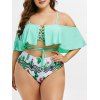 Maillot de Bain Deux Pièces Cactus Imprimé de Grande Taille à Volants à Lacets - Aigue Marine Légère 5X