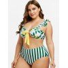 Plus Size Leaves Print Stripe Flounce Bikini Swimwear - JUNGLE GREEN 5X
