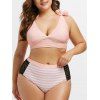 Ensemble de Tankini Rayé Panneau en Dentelle de Grande Taille avec Nœud Papillon - Rose 5X