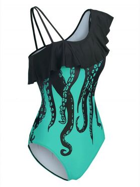 Octopus Print Flounce Skew Neck One-piece Swimwear