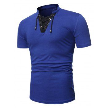 

Short Sleeve Lace-up Contrast T-shirt, Blue