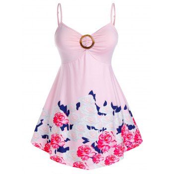 

Plus Size Flower Print Ring Ruched Cami Tank Top, Pink