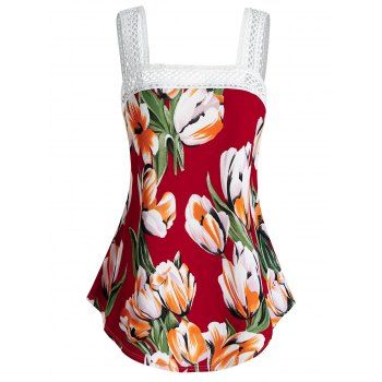 

Plus Size Lace Crochet Tulip Print Tank Top, Lava red