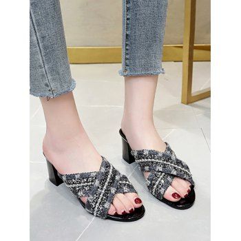 

Criss Cross Beads Chunky Heel Slides Sandals, Black