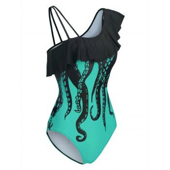 

Vacation One-piece Swimsuit Octopus Print Bathing Suit Marine Life Flounce Skew Neck Summer Beach Swimwear, Macaw blue green
