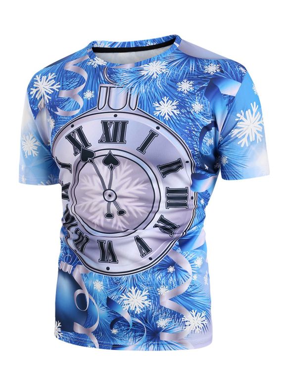 T-shirt Flocon de Neige et Horloge Imprimés à Manches Courtes - Ciel Bleu Foncé M