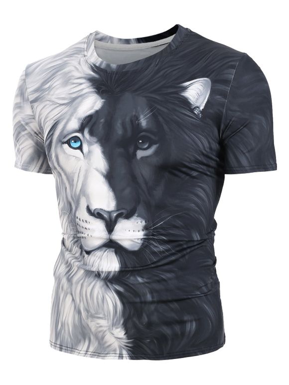 T-shirt 3D Lion Imprimé Bicolore à Manches Courtes - Noir L