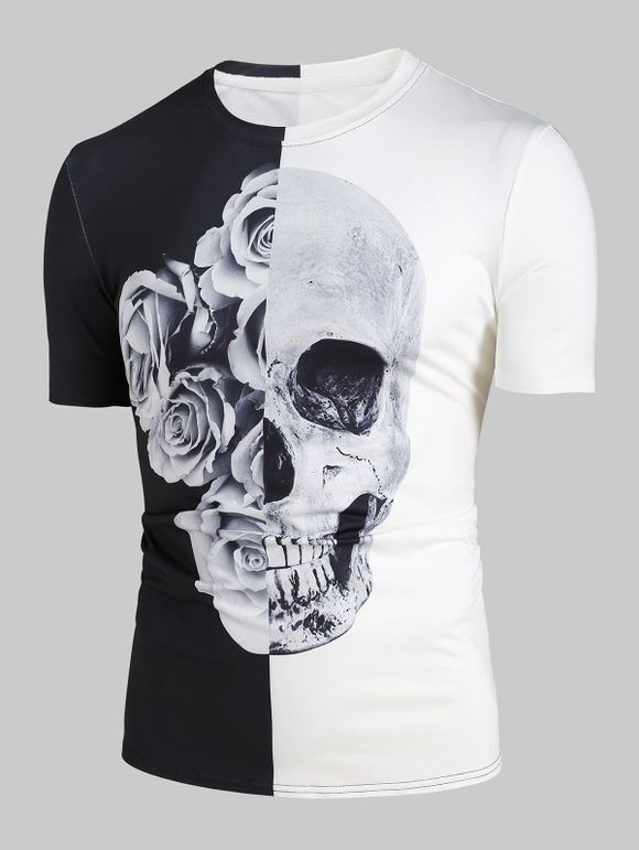 T-shirt Bicolore 3D Crâne et Rose Imprimées - Blanc XL