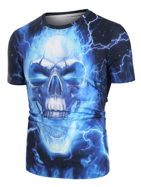 T-shirt de Base 3D Crâne et Foudre Imprimés - Bleu Myrtille XL