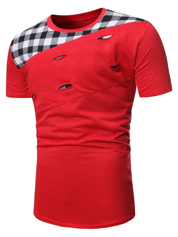 T-shirt Décontracté Déchiré à Carreaux Imprimé - Rouge 2XL