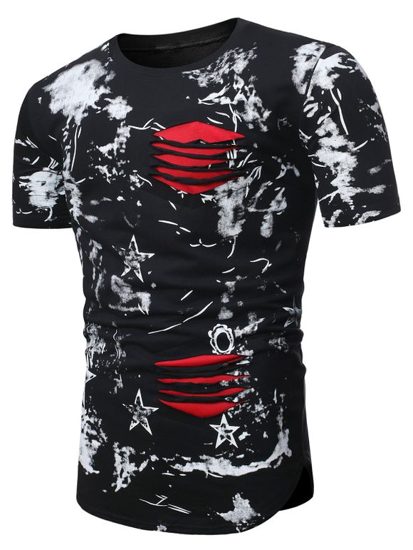 T-shirt Déchiré Teinté Etoile Imprimée - Noir M