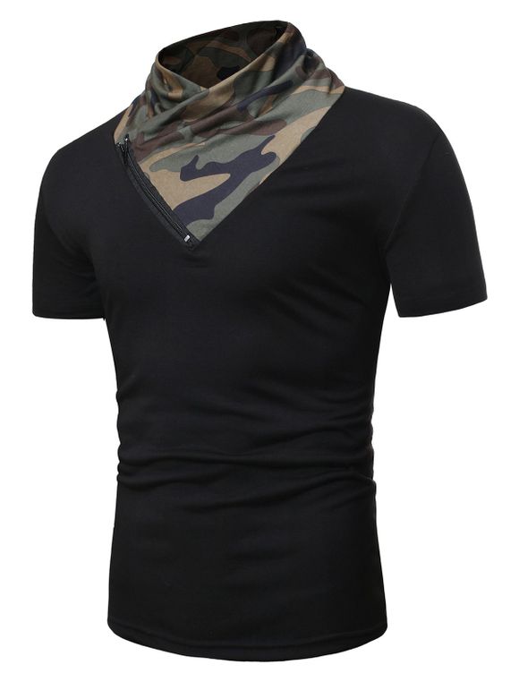 T-shirt Panneau Camouflage à Manches Courtes avec Zip - Noir S