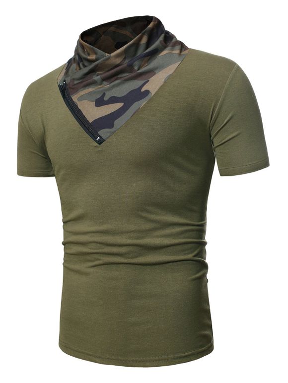 T-shirt Panneau Camouflage à Manches Courtes avec Zip - Vert Armée L