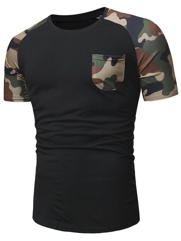 T-shirt Panneau Camouflage à Manches Raglan avec Une Poche - Noir S