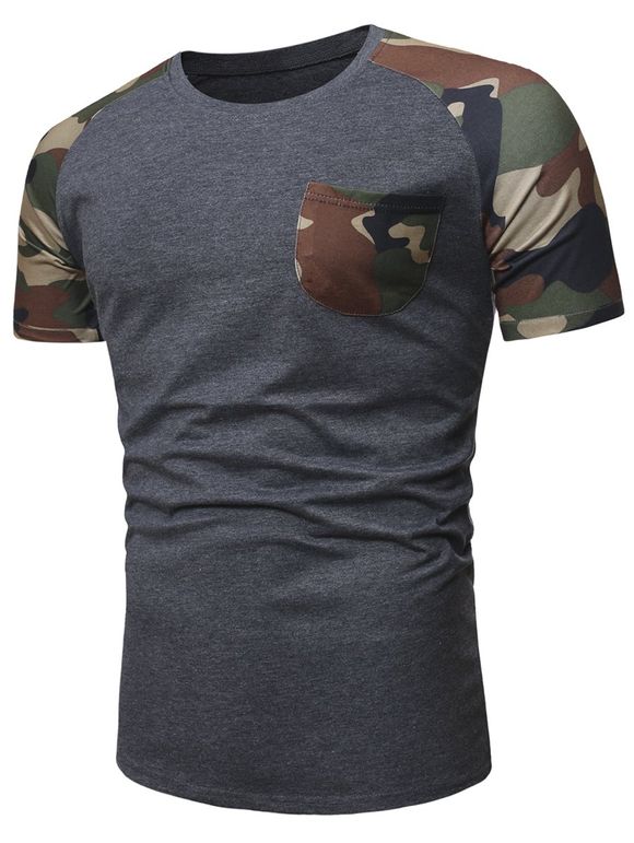 T-shirt Panneau Camouflage à Manches Raglan avec Une Poche - Gris 2XL