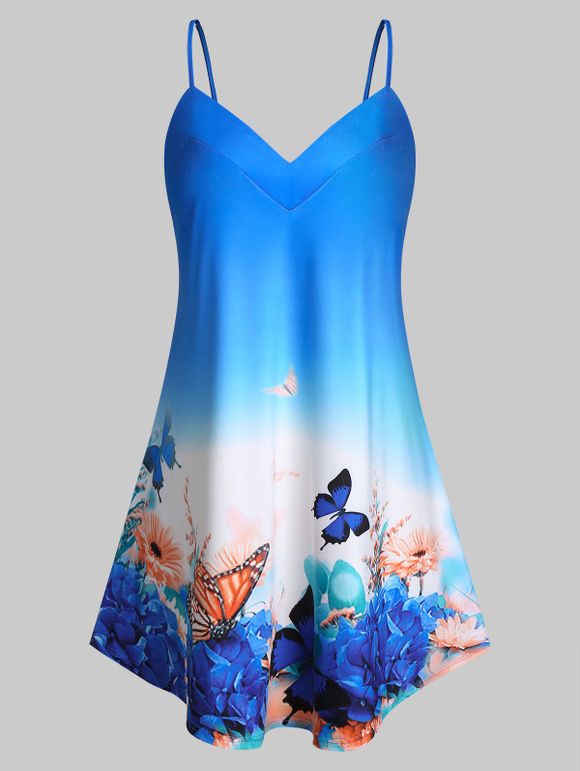 Haut Ombré à Bretelle Papillon et Fleur Imprimés Grande Taille - Bleu Océan 4X