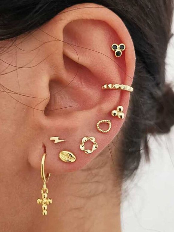 Cross Floral Stud And Ear Cuff Earring Set - GOLD 