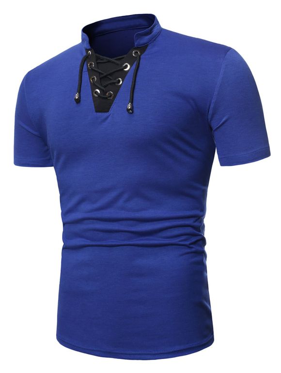 T-shirt Contrasté à Manches Courtes à Lacets - Bleu L