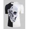T-shirt Bicolore 3D Crâne et Rose Imprimées - Blanc XL