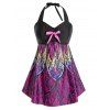 Maillot de Bain Tankini Imprimé Ouvert au Dos Grande Taille à Col Halter - Prune L