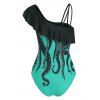 Vacation One-piece Swimsuit Octopus Print Bathing Suit Marine Life Flounce Skew Neck Summer Beach Swimwear - MACAW BLUE GREEN S